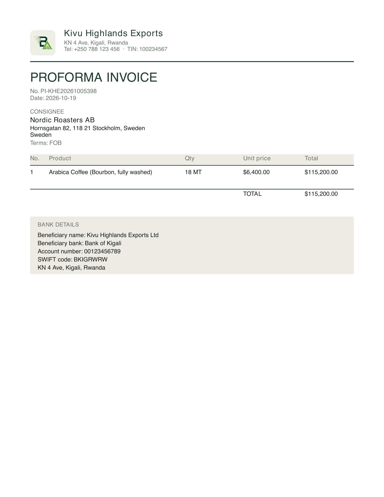 Generated proforma invoice PDF